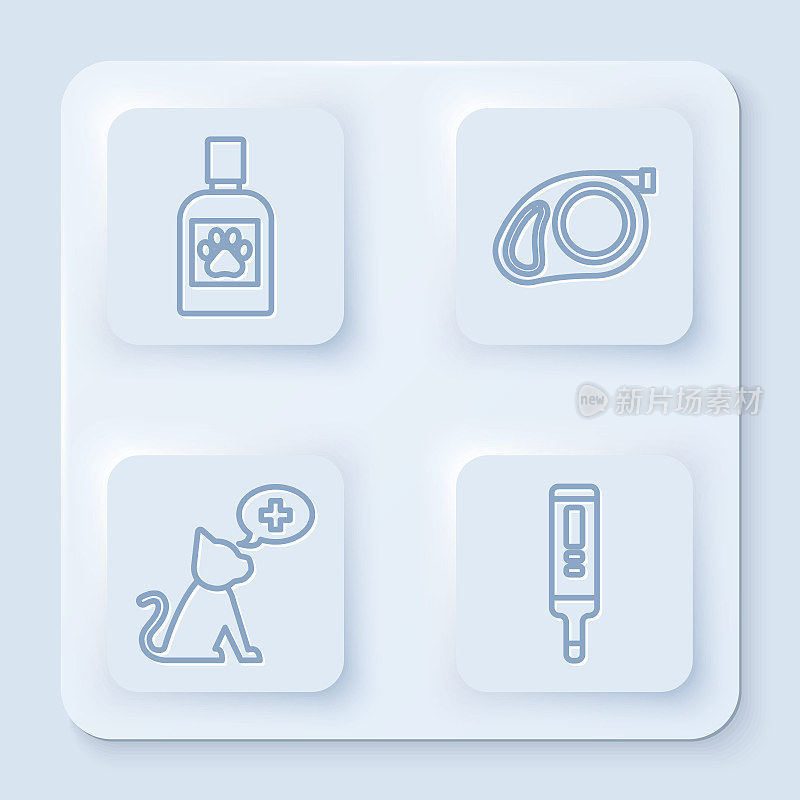 Set line Dog medicine bottle, Retractable cord leash with carabiner, Veterinary clinic symbol and Medical digital thermometer. White square button. Vector